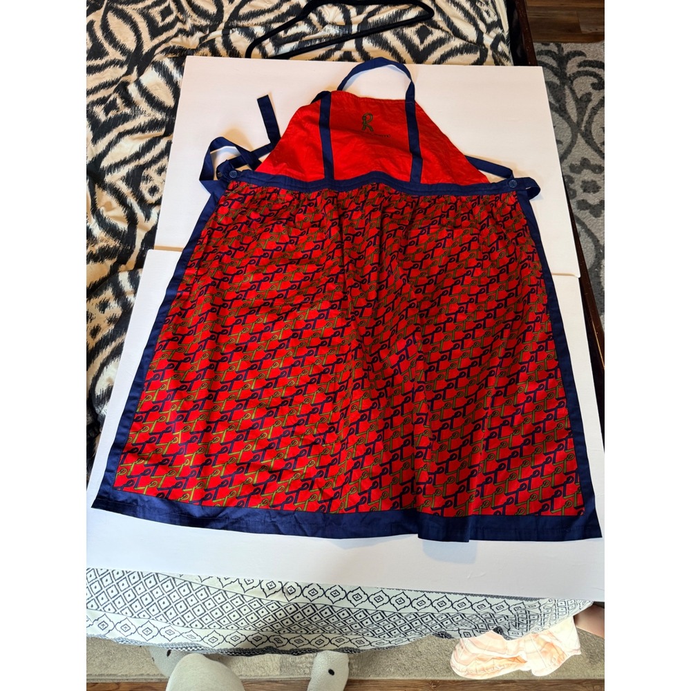 VTG Roberta di Camerino Designer Apron Red Blue Belt Monogram Print Cotton‎